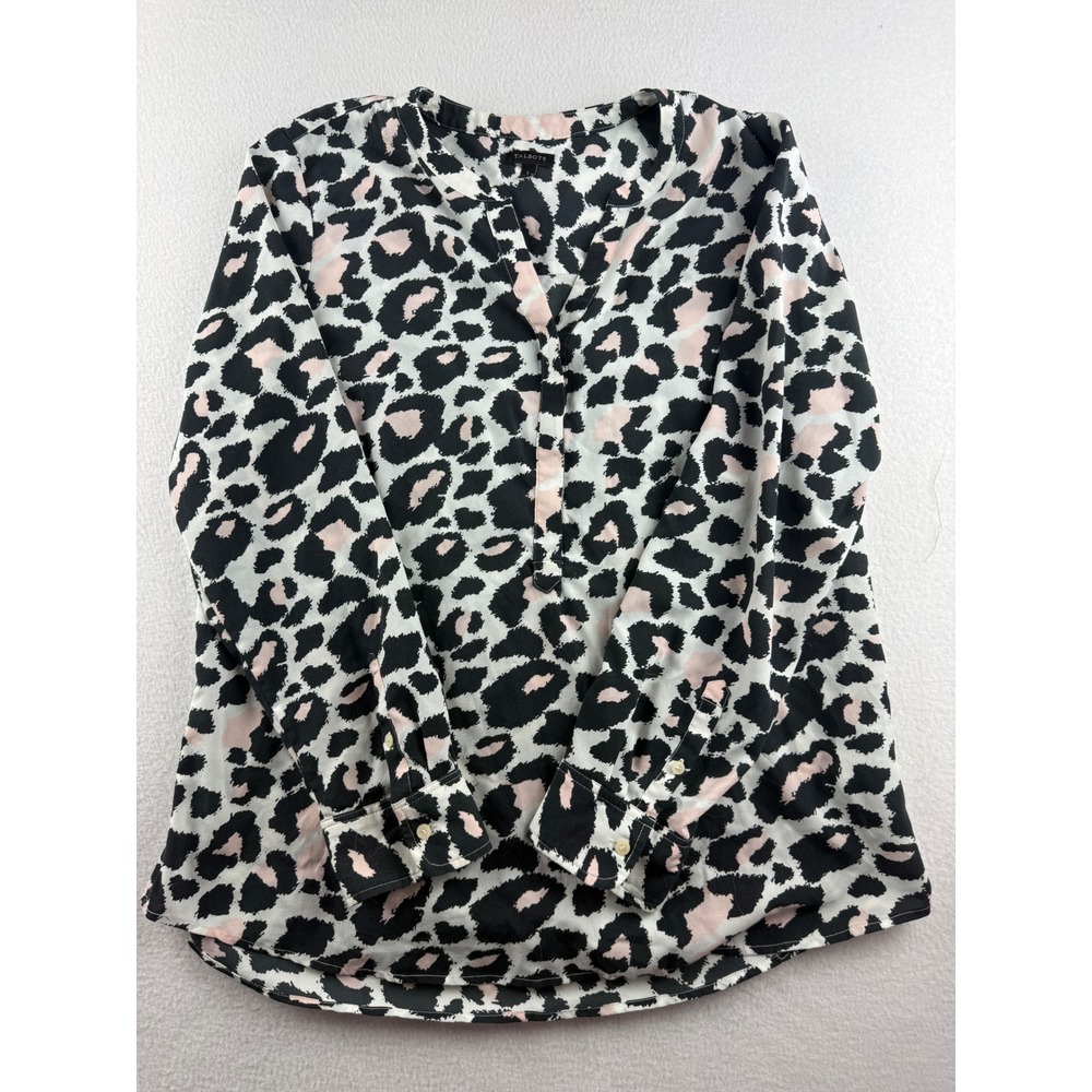 Talbots Womens Pink Black Leopard Print Split V-Neck Blouse Long Sleeve Size L